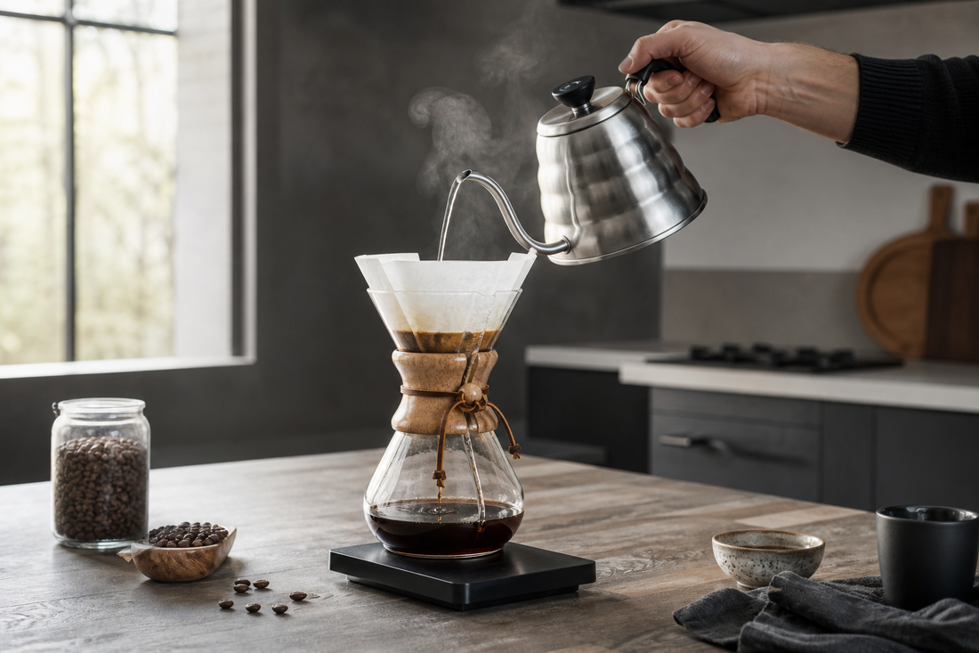 Preparación de café filtrado en una cafetera Chemex con tetera cuello de cisne