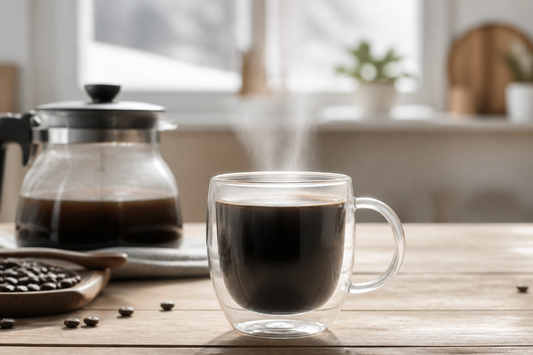 Café caliente servido en una taza de vidrio de doble pared sobre una mesa.