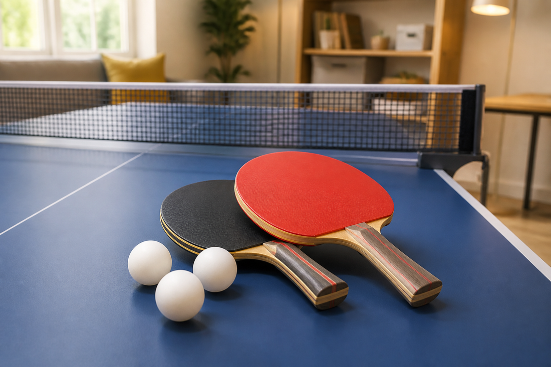 Paletas de ping pong y pelotas 40+ sobre una mesa de tenis de mesa