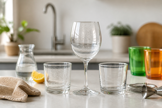 Copa y vaso con manchas blancas de sarro sobre mesa de cocina antes de limpiarlos