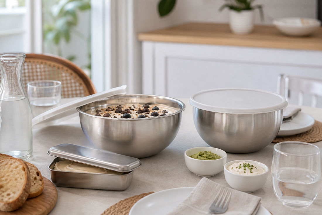 Bowls de acero inoxidable con tapa junto a vasos, copas y vajilla para repostería, sobras y servicio en mesa