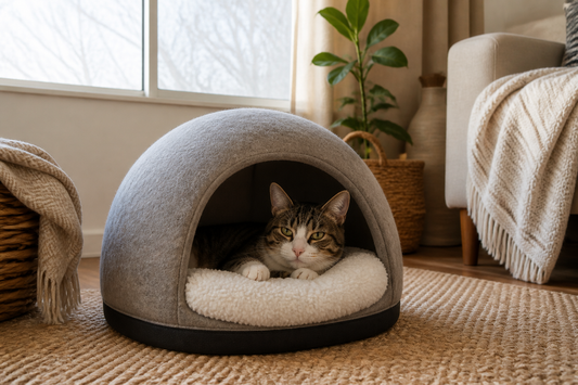 Gato descansando en una cama tipo cueva durante el invierno