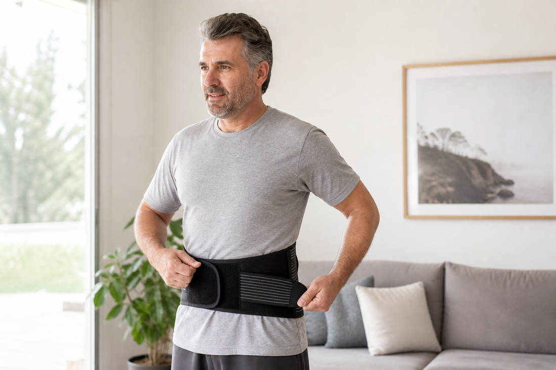 Persona ajustando una faja lumbar alrededor de la cintura para obtener un soporte cómodo