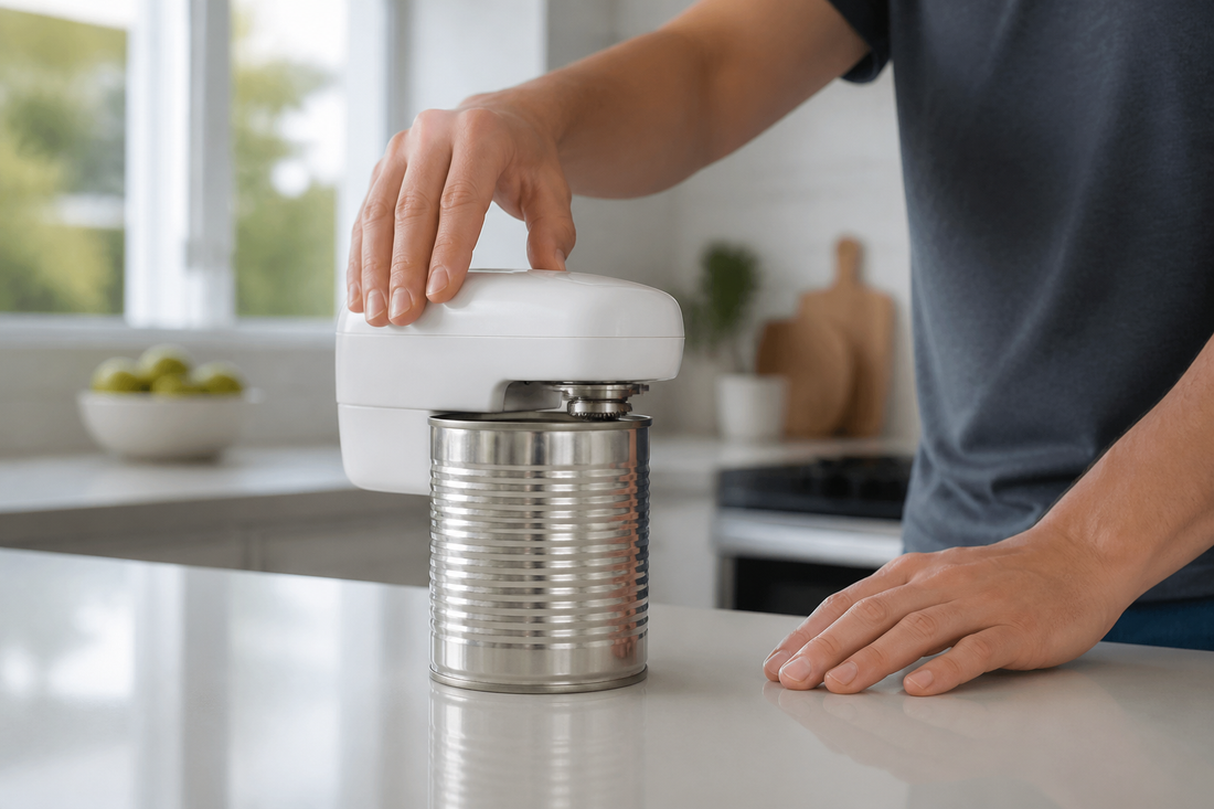 Abridor de latas eléctrico colocado correctamente sobre una lata en un mesón de cocina