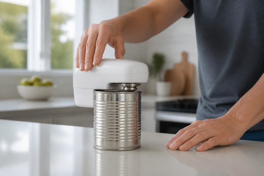 Abridor de latas eléctrico colocado correctamente sobre una lata en un mesón de cocina
