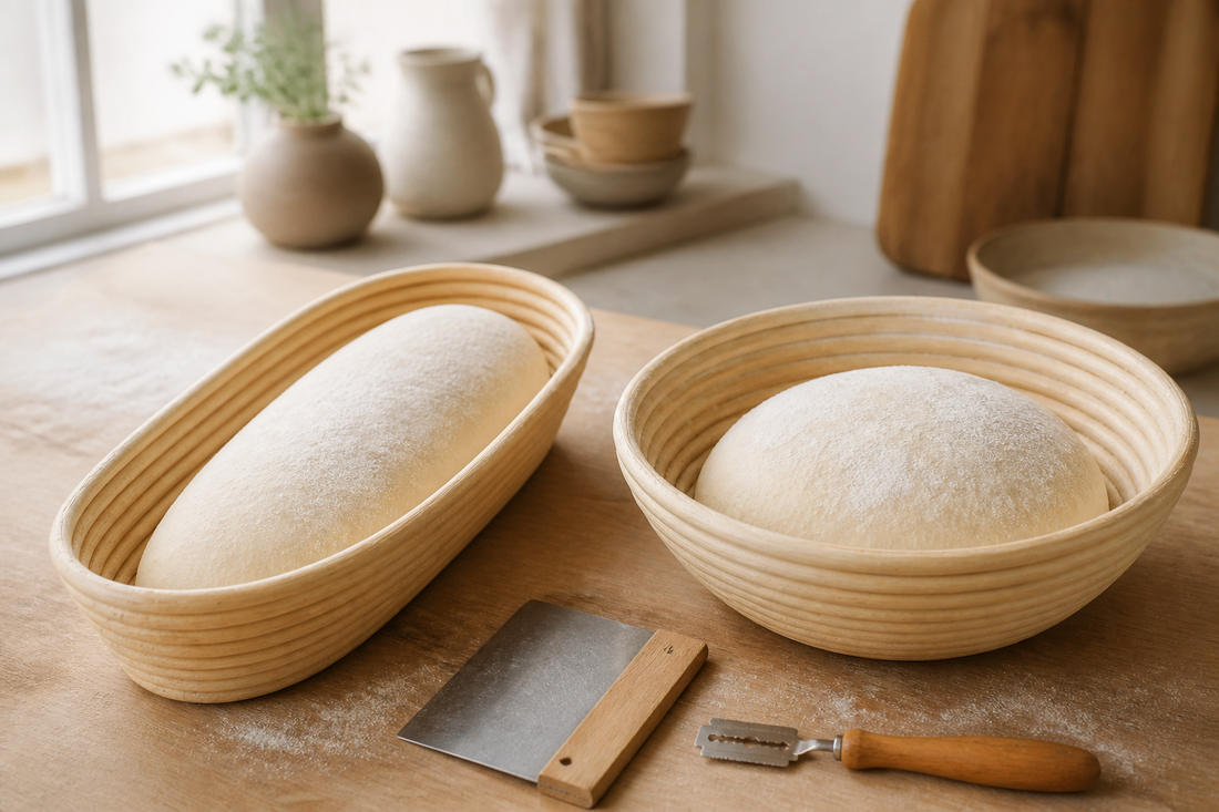 Bannetons ovalado y redondo con masas madre en fermentación y herramientas de panadería