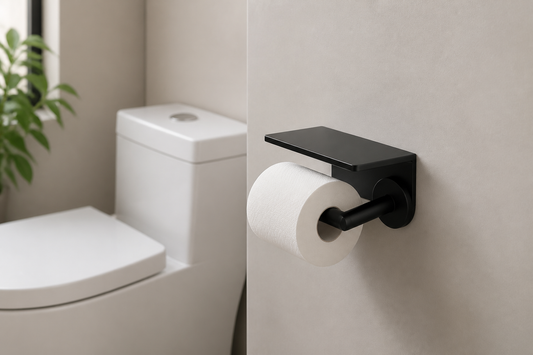 Porta confort negro instalado junto al WC en baño pequeño moderno