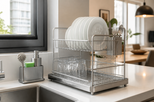 Secaplatos de acero inoxidable ordenado junto al lavaplatos con organizador de cocina