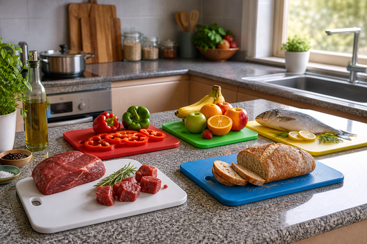 Tablas de cortar por colores organizadas para carne, verduras, frutas, pescado y pan
