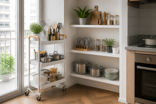 Cocina pequeña ordenada con carrito organizador y estante fijo para comparar soluciones de almacenamiento