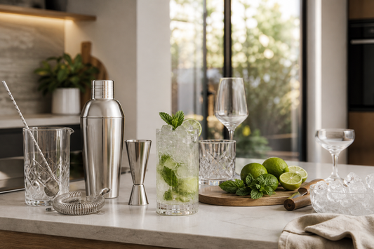 Kit básico de coctelería en casa con coctelera, jigger, hielo, cítricos y vasos sobre un mesón de cocina