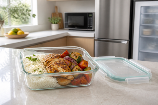 Taper de vidrio con comida preparada en una cocina, listo para usar de forma segura en microondas o freezer