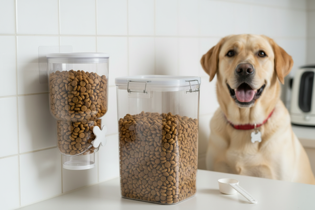 Dispensador y contenedor hermético de pellet junto a un perro en una cocina