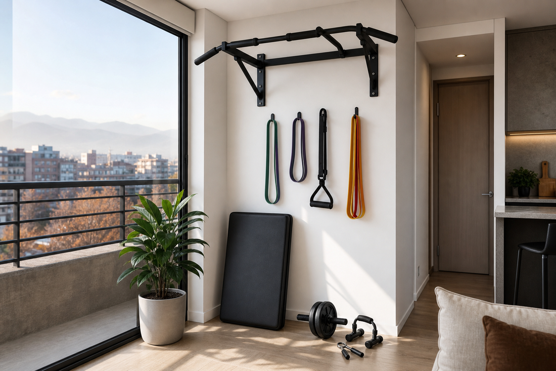 Home gym de calistenia en casa con barra de dominadas, bandas, rueda abdominal y hand grip
