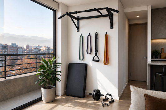 Home gym de calistenia en casa con barra de dominadas, bandas, rueda abdominal y hand grip