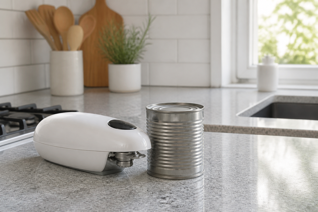 Abrelatas eléctrico automático junto a una lata sobre un mesón de cocina