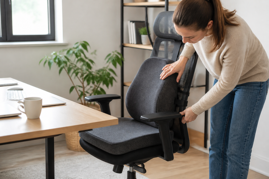 Persona ajustando un cojín lumbar y un cojín de asiento en una silla de oficina