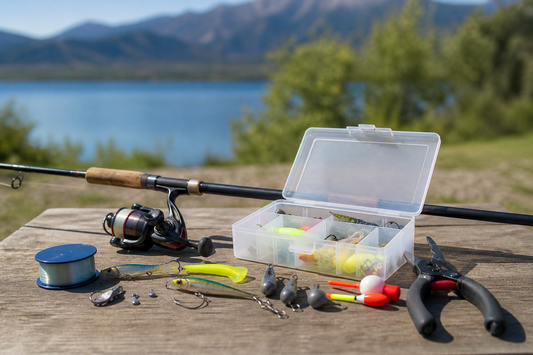 Kit de pesca completo ordenado con caña, carrete, señuelos y accesorios para empezar en Chile