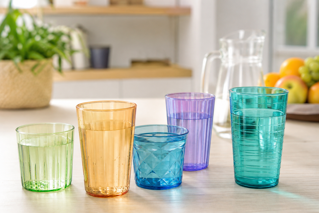 Vasos plásticos reutilizables de distintas capacidades sobre una mesa