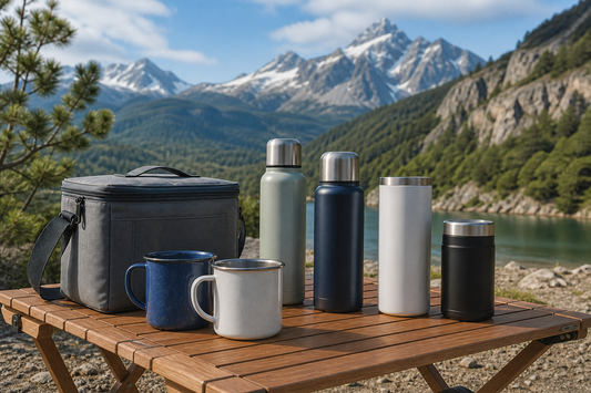 Termos y vasos térmicos outdoor sobre mesa de camping en paisaje chileno