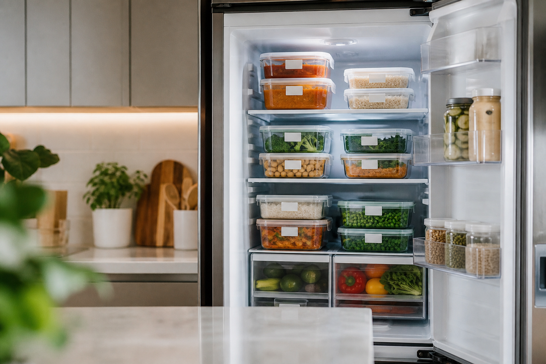 Comida preparada guardada en recipientes herméticos dentro de un refrigerador ordenado