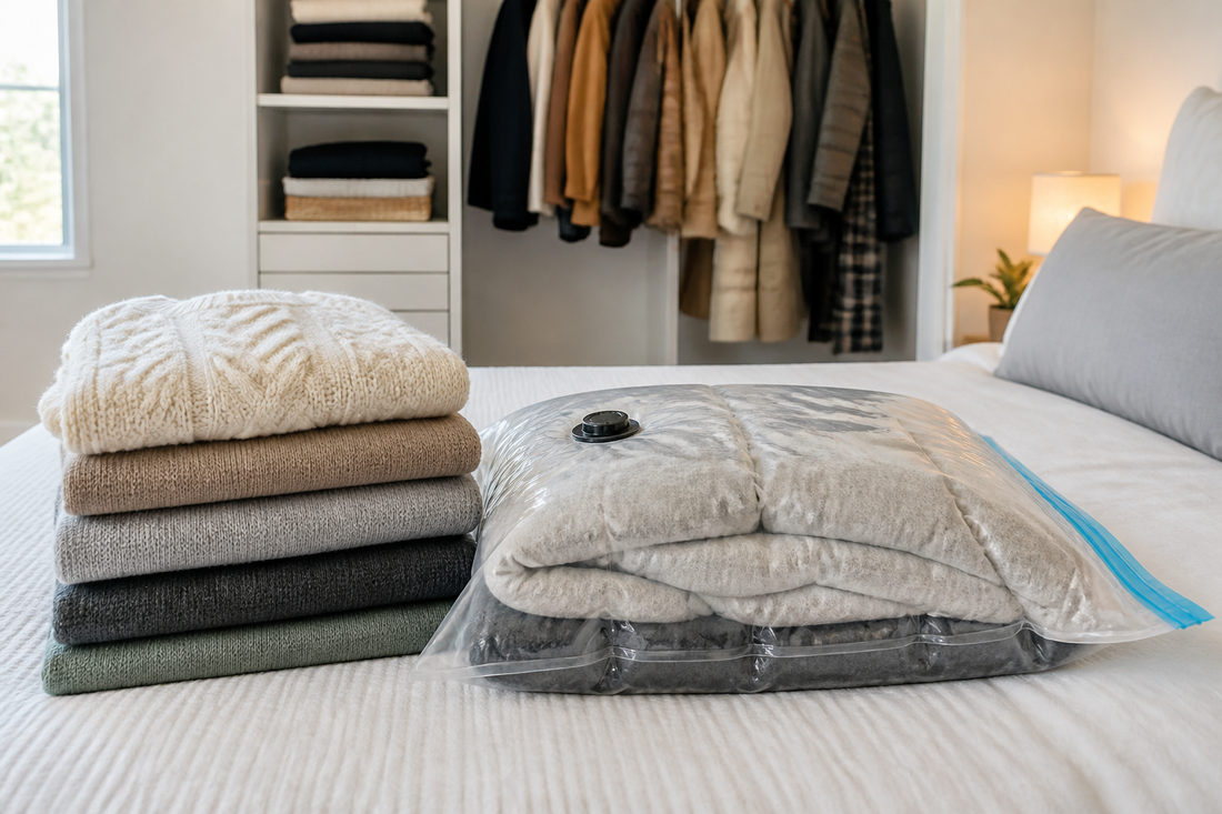 Ropa doblada lista para guardar en una bolsa al vacío para ropa