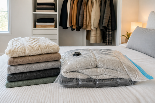 Ropa doblada lista para guardar en una bolsa al vacío para ropa