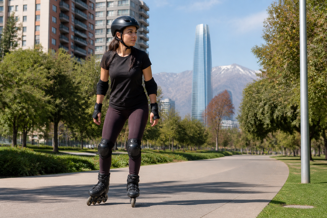 Adulto principiante usando patines en línea y protecciones en un parque
