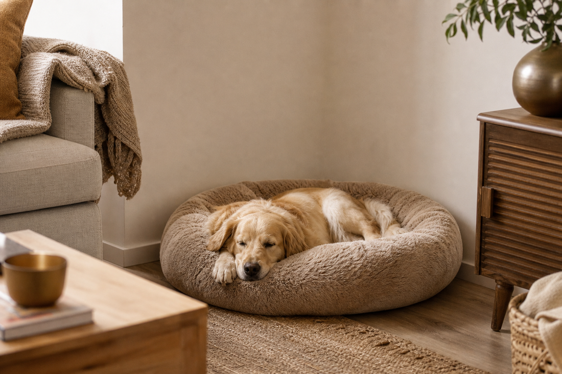 Perro descansando en una cama ubicada en un rincón tranquilo del living lejos de corrientes de aire