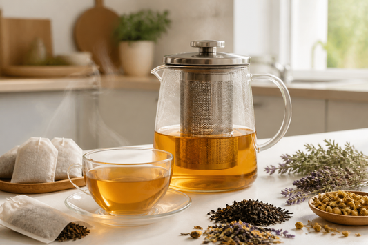 Tetera de vidrio con filtro, bolsitas vacías para té y hojas de infusión sobre mesa clara
