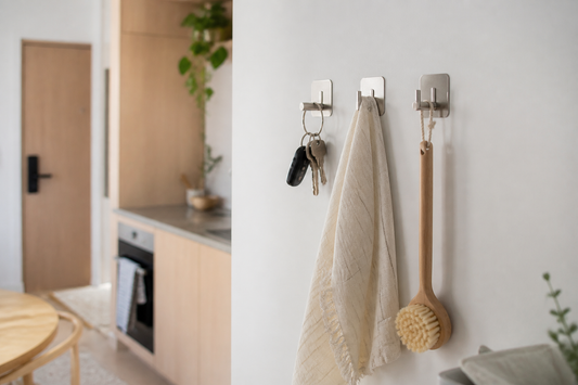 Ganchos adhesivos para pared usados para ordenar una entrada y cocina pequeña