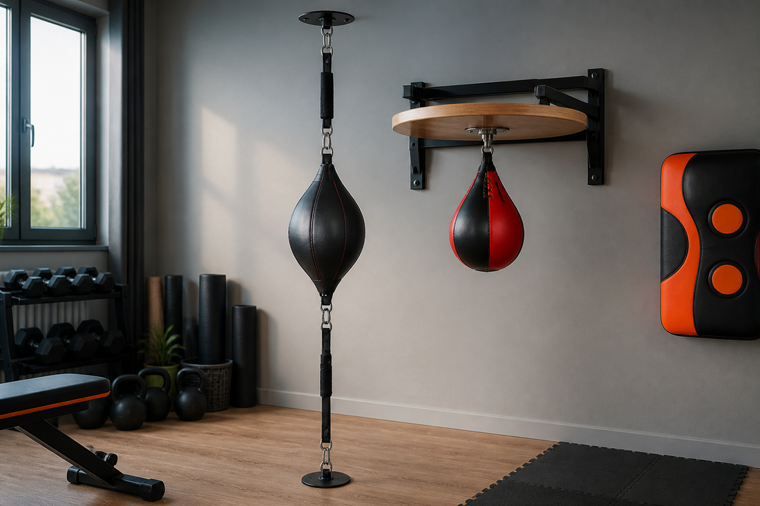 Comparación de una pera de boxeo con elásticos y una pera rápida fija en plataforma para entrenar en casa