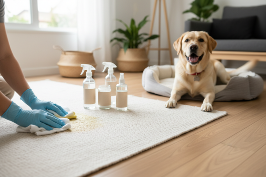 Persona limpiando correctamente una mancha de orina de perro en una alfombra
