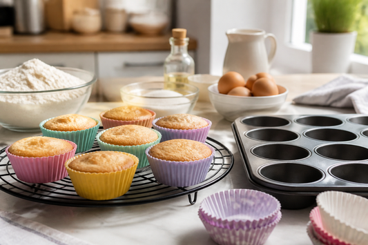 Moldes para cupcakes de silicona, metal y cápsulas de papel sobre una mesa de repostería