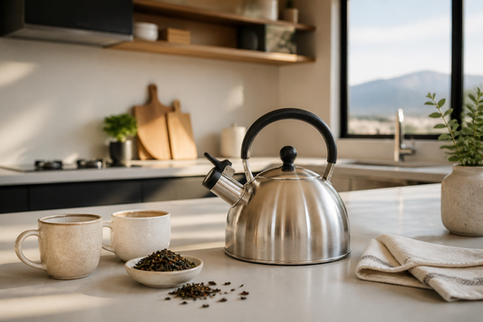 Tetera de acero inoxidable sobre encimera junto a tazas de té