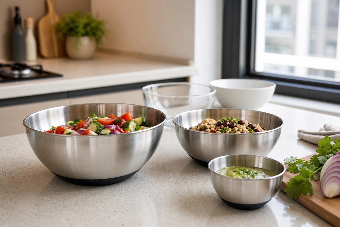 Bowls de acero inoxidable separados en uso junto a bowls de vidrio y loza en cocina moderna