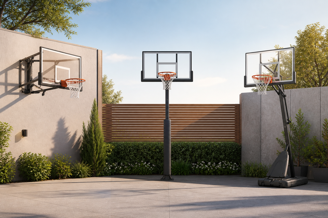 Comparación de aro de básquetbol fijo, ajustable y portátil para patio