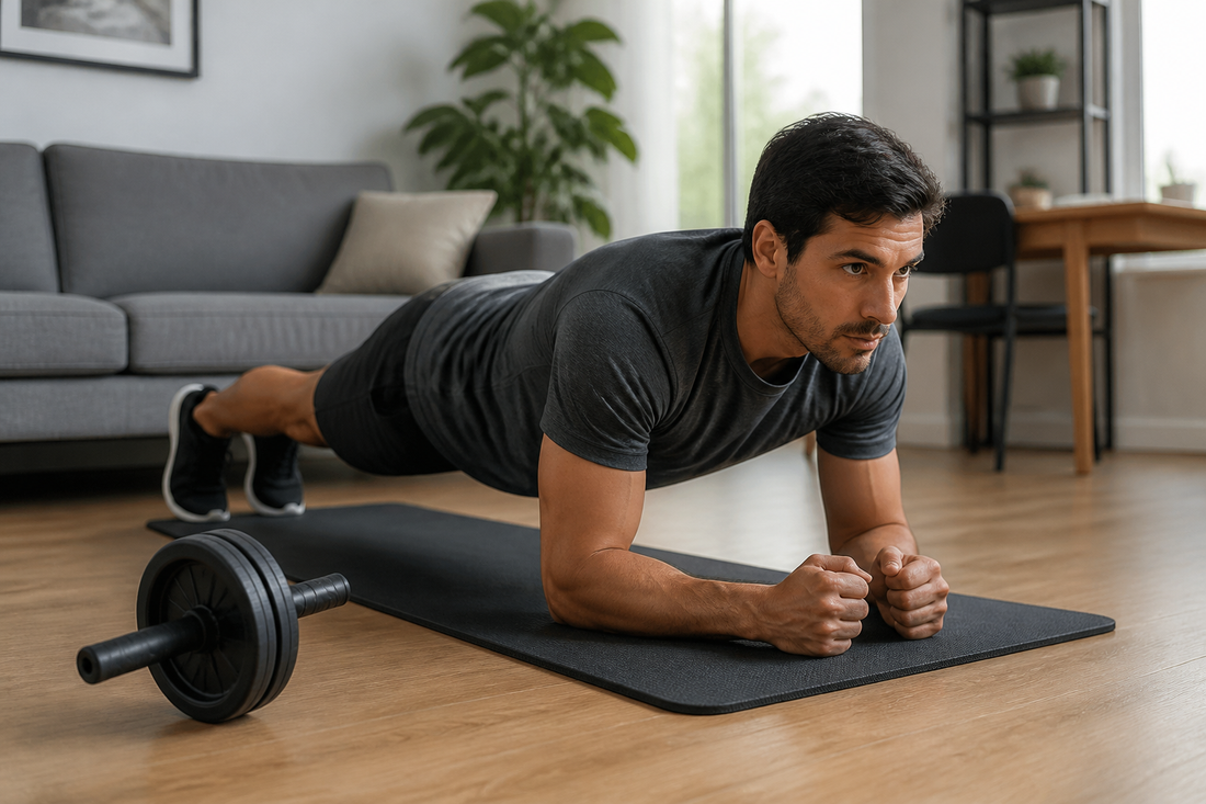 Persona haciendo plancha junto a una rueda abdominal en casa para fortalecer el core.