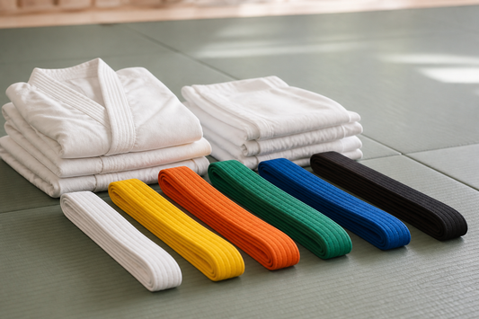 Cinturones de artes marciales sobre tatami para elegir talla y uso