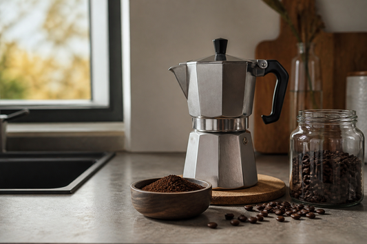 Cafetera italiana junto a café con molienda media-fina sobre una encimera