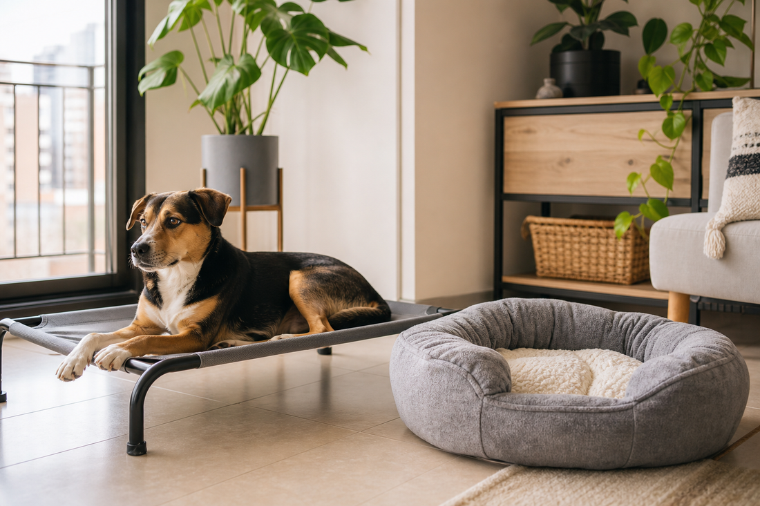 Perro junto a una cama elevada para mascota y una cama tradicional en interior