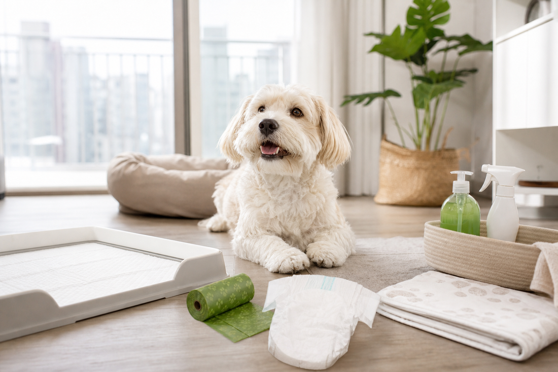 Perro en departamento con kit de higiene sanitaria para perros