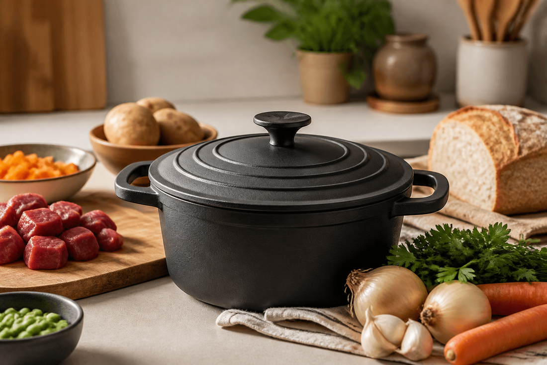 Olla de hierro fundido de tamaño familiar junto a ingredientes para guiso y pan