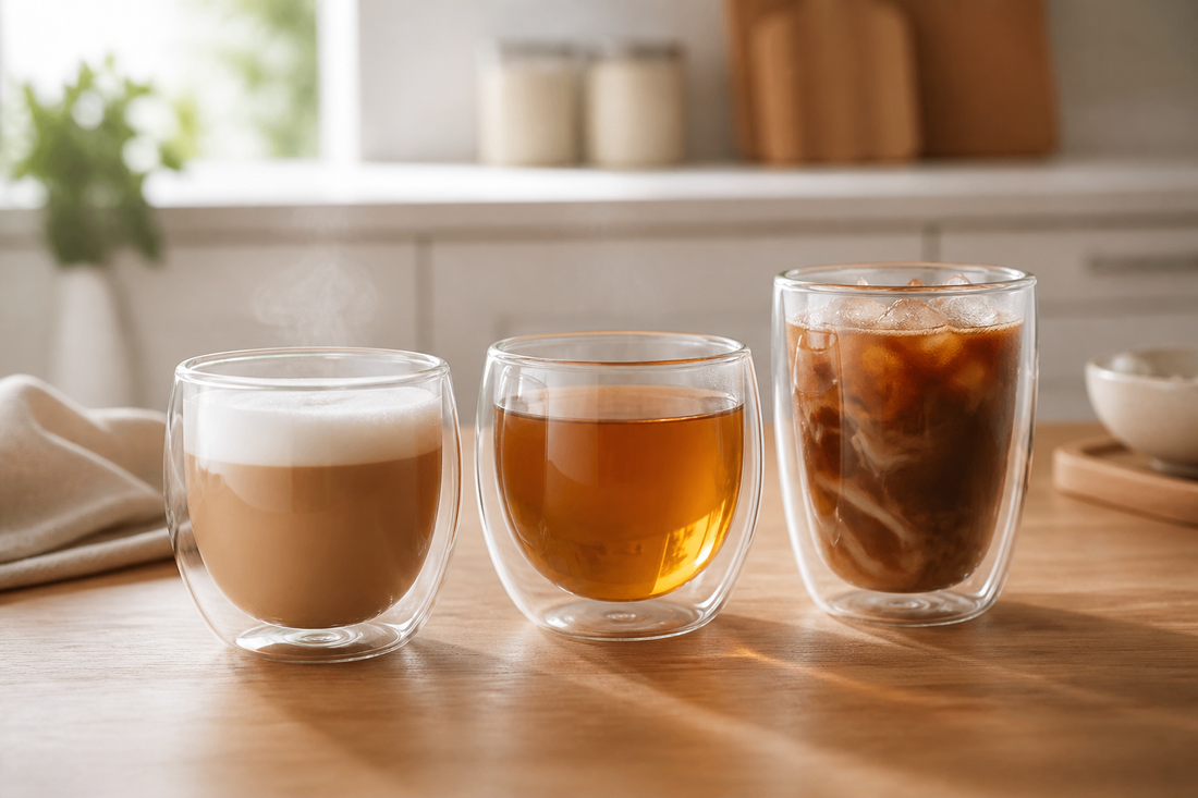 Vasos doble pared con café caliente, té y bebida fría sobre una mesa