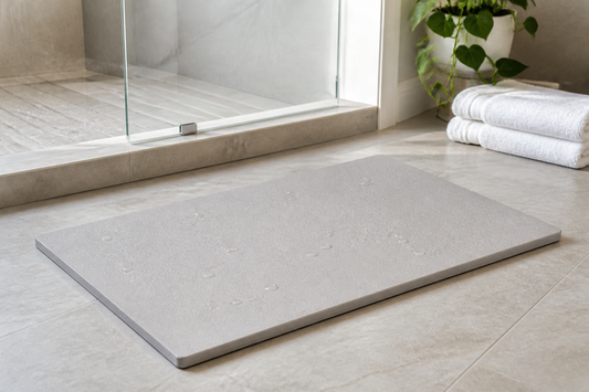 Alfombra rígida de diatomita completamente plana frente a una ducha en un baño luminoso.