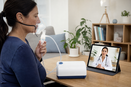 Nebulizador doméstico en primer plano junto a una persona y una profesional de salud en videollamada