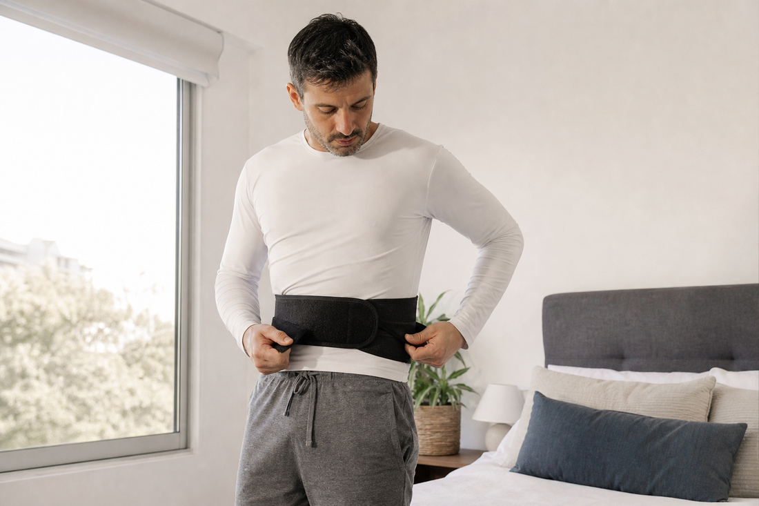 Persona ajustando una faja lumbar con calor alrededor de la cintura.