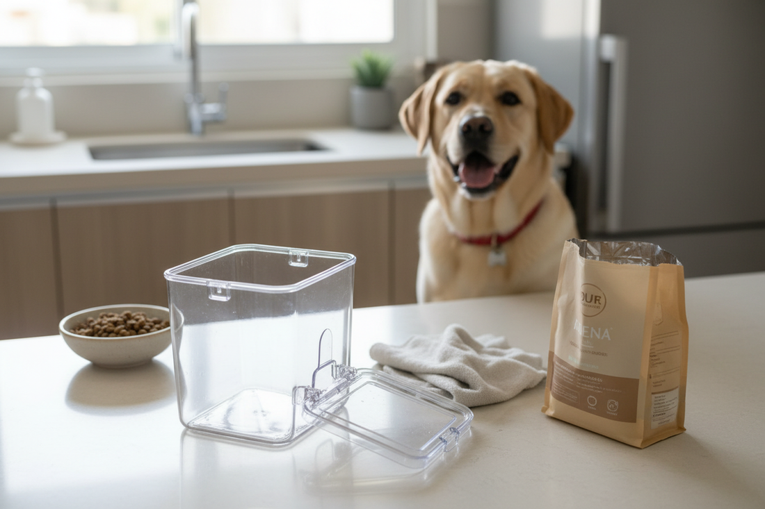 Dispensador transparente vacío, limpio y seco junto a pellet para perro en una cocina ordenada