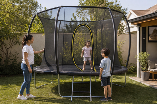 Cama elástica para niños con red de seguridad instalada en un patio familiar en Chile