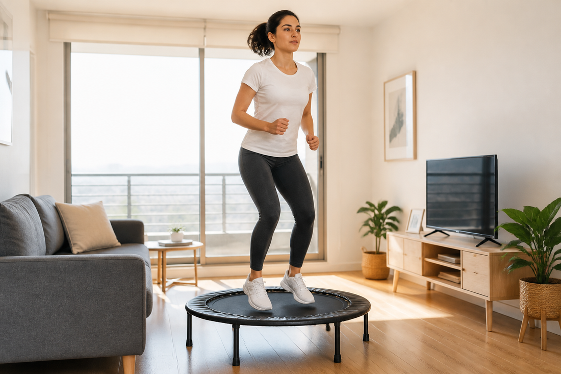 Persona realizando una rutina para principiantes en un mini trampolín fitness